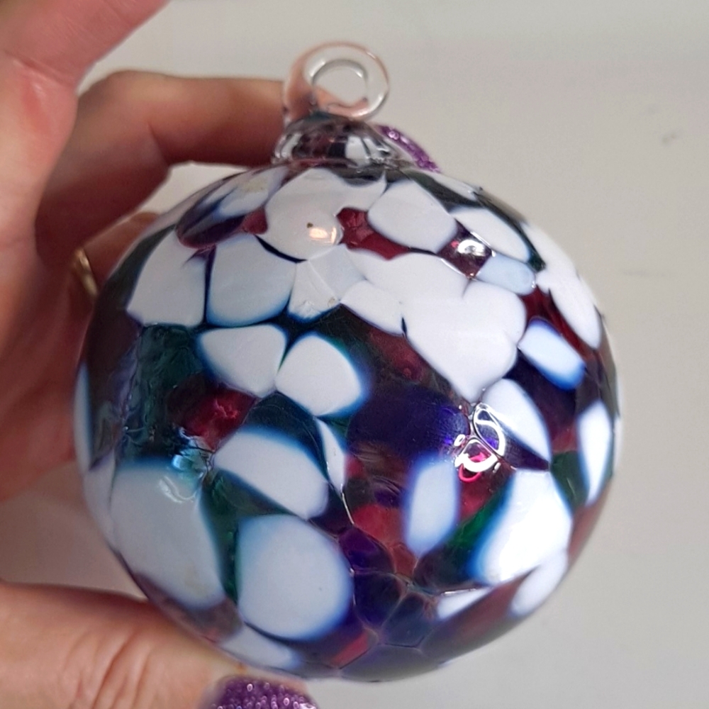 Hand Blown Maroon, White, Blue & Green Glass Friendship Ball Ornament Jewle Tone